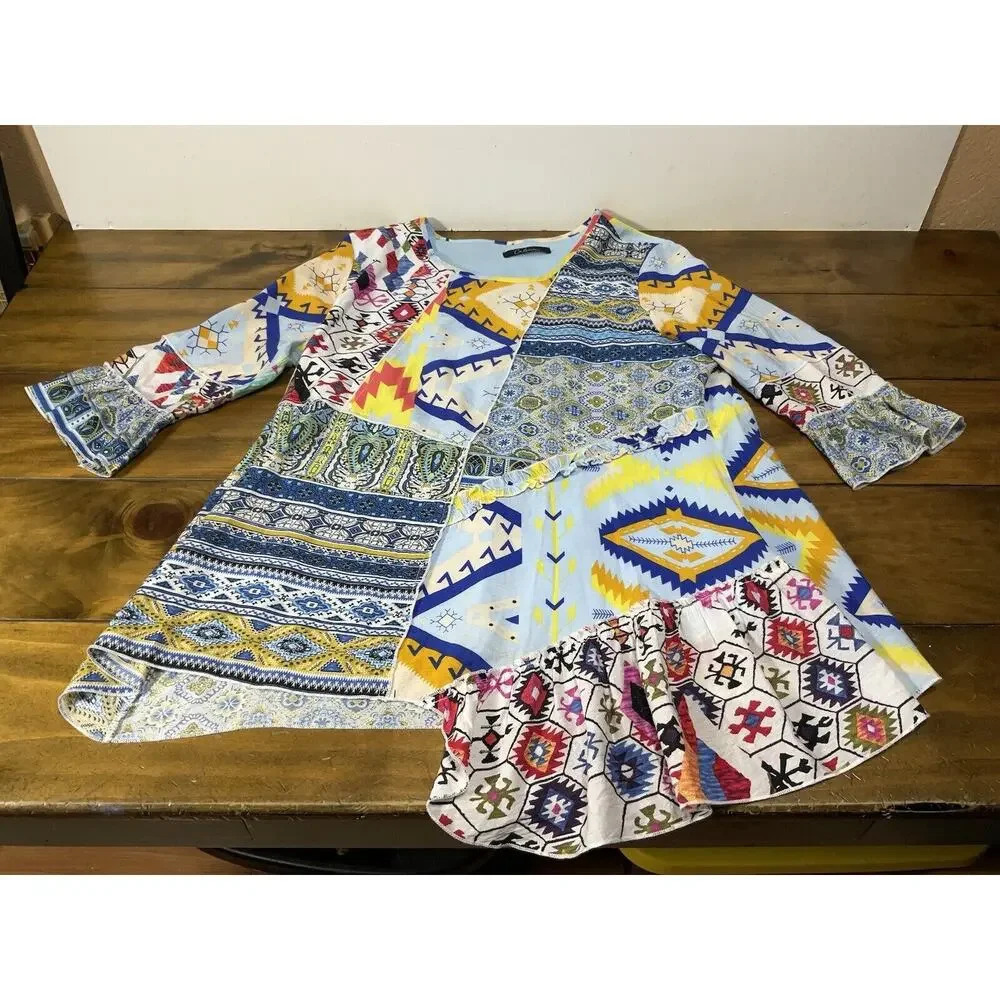Calessa 3X Colorful Patchwork Print Flared Sleeve Lagenlook Womens Blouse
